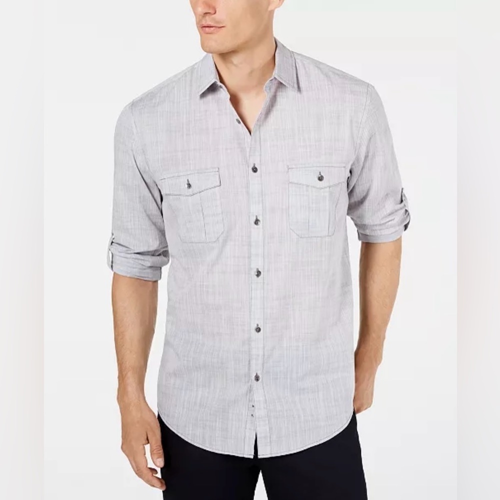 Alfani Warren XL Gray Long Sleeve Button-Up Shirt Cotton Blend Casual Dress